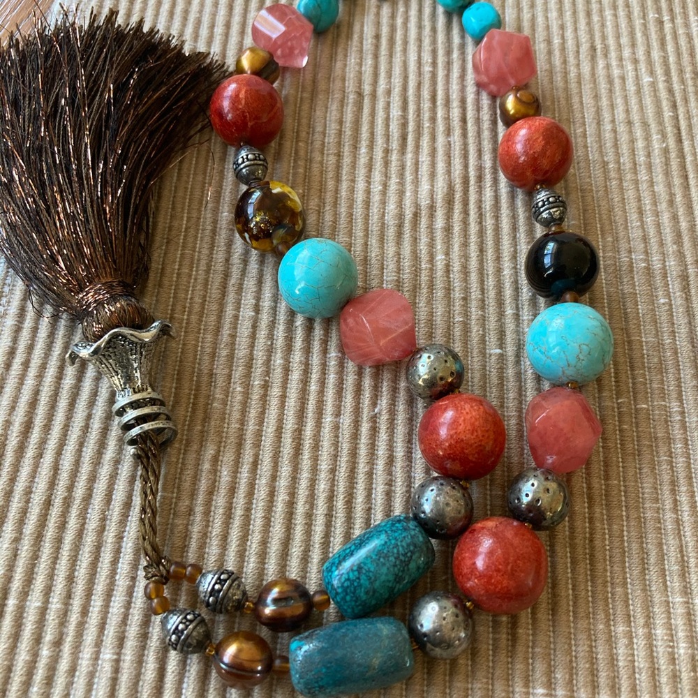 NWT Boho Tassel necklace of Cheers Quartz Pearls Sponge Corral & Sterling Silver